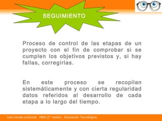 SEGUIMIENTO 
Proceso de control de las etapas de un 
proyecto con el fin de comprobar si se 
cumplen los objetivos previstos y, si hay 
fallas, corregirlas. 
En este proceso se recopilan 
sistemáticamente y con cierta regularidad 
datos referidos al desarrollo de cada 
etapa a lo largo del tiempo. 
Una mirada profunda NM2 (2° medio) Educación Tecnológica 
 