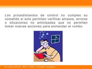 Los procedimientos de control no cumplen su 
cometido si solo permiten verificar atrasos, errores 
o situaciones no anticipadas que no permiten 
tomar nuevas acciones para enmendar el rumbo. 
Una mirada profunda NM2 (2° medio) Educación Tecnológica 
 