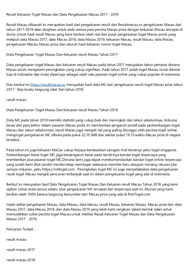 Togel Macau Toto
, Result Keluaran Togel Macau Dan Data Pengeluaran Macau 2017 2019