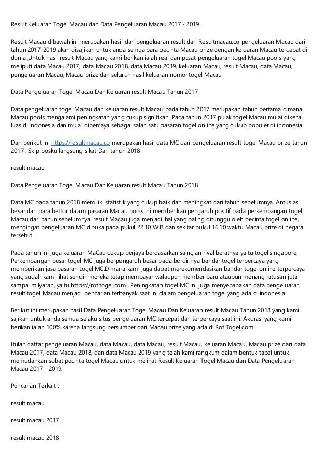 Result Toto Macau 2020 Tabel Nomor Keluaran Togel Macau 2020