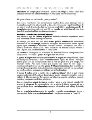 I N T R O D U Ç Ã O   A S   R E D E S   D E   C O M P U T A D O R E S   E   A   I N T E R N E T


adaptadores, por exemplo, placas fax/modem e placas de rede. O tipo de acesso e o meio físico
utilizado determinará uma taxa de transmissão de dados para o enlace de comunicação.


O que são camadas de protocolos?
Uma rede de computadores é um sistema bastante complexo. Como vimos, a interação entre os
computadores e as diversas aplicações pode se dar de diferentes maneiras e a partir da utilização de
um número variado de protocolos. Para lidar com esta complexidade, a arquitetura das redes de
computadores procurou estabelecer uma série de camadas de protocolos cada uma delas
tratando de uma funcionalidade específica da comunicação.
Analogia com sistema postal (Correios)
Para entender o papel das camadas de protocolo utilizadas nas redes de computadores, vamos
fazer uma analogia com um sistema postal hipotético.
Por exemplo, para enviar uma carta neste sistema postal o usuário deverá primeiramente
acondicioná-las em um envelope padronizado. Em seguida, ele deve escrever, também segundo
algumas regras, o endereço do destinatário. Note que o endereço é hierarquizado, onde consta o
nome do usuário final, o nome da rua, a cidade, o estado e o país. Feito isto o usuário deve selar a
carta e depositá-la em uma caixa coletora do serviço postal.
Os carteiros do sistema postal são responsáveis por diariamente coletar as correspondências nas
caixas coletoras e levá-las até a agência de triagem local dos correios.
A agência de triagem local realiza um primeiro serviço de triagem das correspondências, a partir
do endereço dos destinatários, e define o encaminhamento seguinte das mesmas. Para alguns
destinos pode haver um encaminhamento direto a partir da agência local (por exemplo, uma
localidade vizinha). Para outros destinos (por exemplo, uma cidade de outro estado) o
encaminhamento pode se dar via outra agência de triagem intermediária. Para encaminhar as
correspondências ao próximo destino, todas as cartas cujas rotas devem seguir por esta destinação
são acondicionadas em um malote, e seguirão por um serviço de malote.
O serviço de malote carrega os malotes entre as “agências vizinhas” (isto é, as quais possuem
serviço de malote direto). Dependendo das agências em questão, o transporte dos malotes pode ser
realizado de diferentes maneiras. Por exemplo, via linha aérea comercial, via linha de transporte
rodoviário, com transporte rodoviário próprio, etc.
Uma vez na próxima agência de triagem o malote é aberto e nova triagem é realizada. Este
processo de roteamento das correspondências entre as agências de triagem prossegue até que a
correspondência chegue a agência destino, responsável pela jurisdição onde habita o destinatário
final.
Uma vez na agência destino as cartas são separadas e repassadas aos carteiros para fazerem a
entrega a domicílio das cartas aos destinatários finais. (veja diagrama mostrado na Figura 1.9)




                                                      13
 