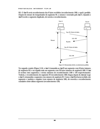 P R O T O C O L O S   I N T E R N E T   T C P / I P


92). O host B envia reconhecimento dos 8 bytes recebidos (reconhecimento 100), o qual é perdido.
Depois do estouro do temporizador do segmento 92, o mesmo é reenviado pelo host A. Quando o
host B recebe o segmento duplicado, ele reenvia o reconhecimento.

                                                             Host A                                               Host B




                                                                           Seq=92, 8 bytes de dados



                                                                                       Ack=100
                                                  Time-out
                                                                           X perda



                                                                        Seq=92, 8 bytes de dados




                                                                                 Ack=100




                                                             Figura 3.13. Retransmissão devido a reconhecimentos perdidos

No segundo cenário (Figura 3.14), o host A transmitiu ao host B um segmento com 8 bytes (número
de seqüência 92) e em seguida mais um segmento com 20 bytes (número de seqüência 100). O host
B recebeu estes segmentos e enviou números de reconhecimento (100 e 120 respectivamente).
Todavia, o reconhecimento do segmento 92 (reconhecimento 100) chegou depois do time-out. Logo
o host A retransmitiu o segmento com número de seqüência 92. Como o host B já havia recebido este
segmento e também o seguinte (com número de seqüência 100), ele reenviou o reconhecimento
cumulativo deste último segmento (reconhecimento 120).




                                                        44
 