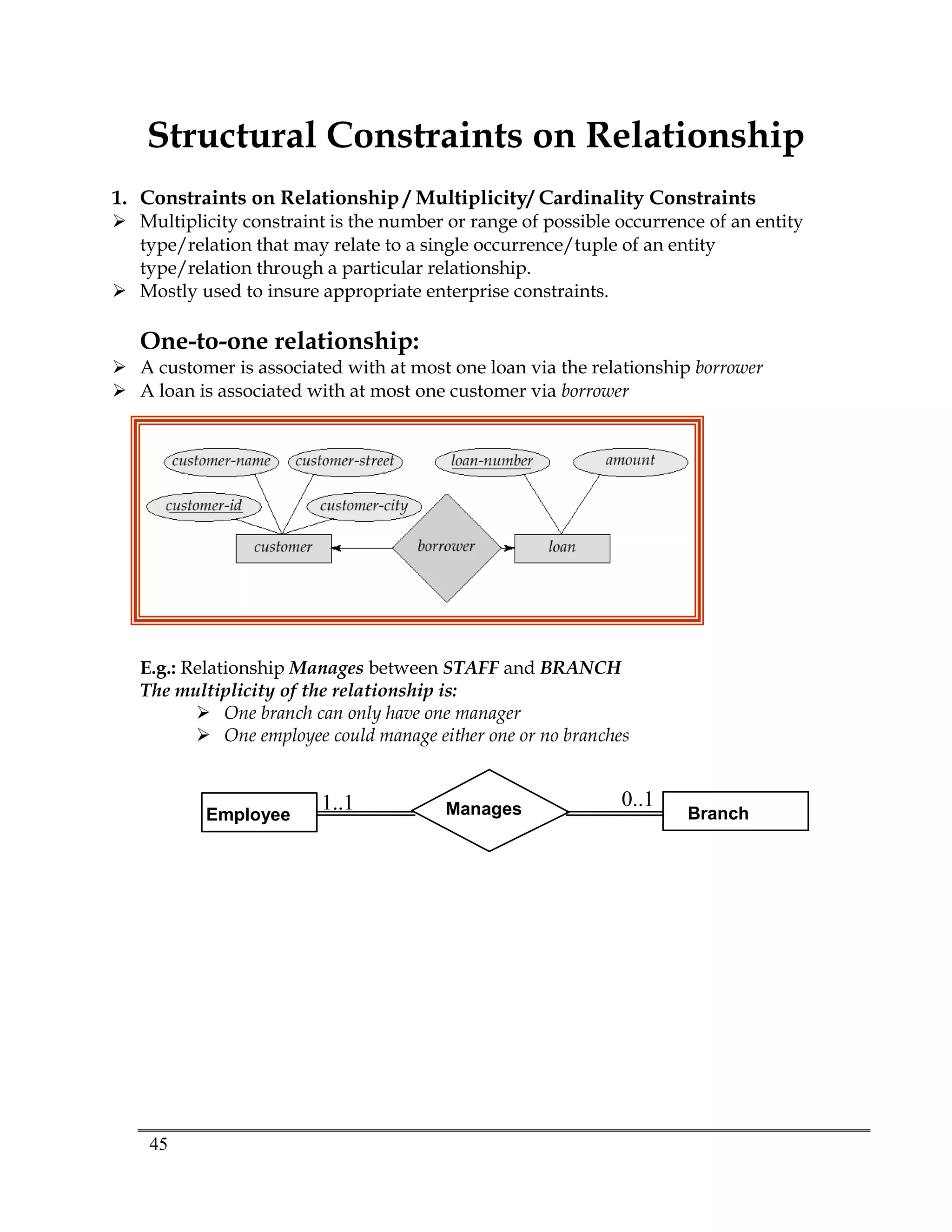 45
Structural Constraints on Relationship
1. Constraints on Relationship / Multiplicity/ Cardinality Constraints
 Multiplicity constraint is the number or range of possible occurrence of an entity
type/relation that may relate to a single occurrence/tuple of an entity
type/relation through a particular relationship.
 Mostly used to insure appropriate enterprise constraints.
One-to-one relationship:
 A customer is associated with at most one loan via the relationship borrower
 A loan is associated with at most one customer via borrower
E.g.: Relationship Manages between STAFF and BRANCH
The multiplicity of the relationship is:
 One branch can only have one manager
 One employee could manage either one or no branches
1..1 0..1
Employee Branch
Manages
 