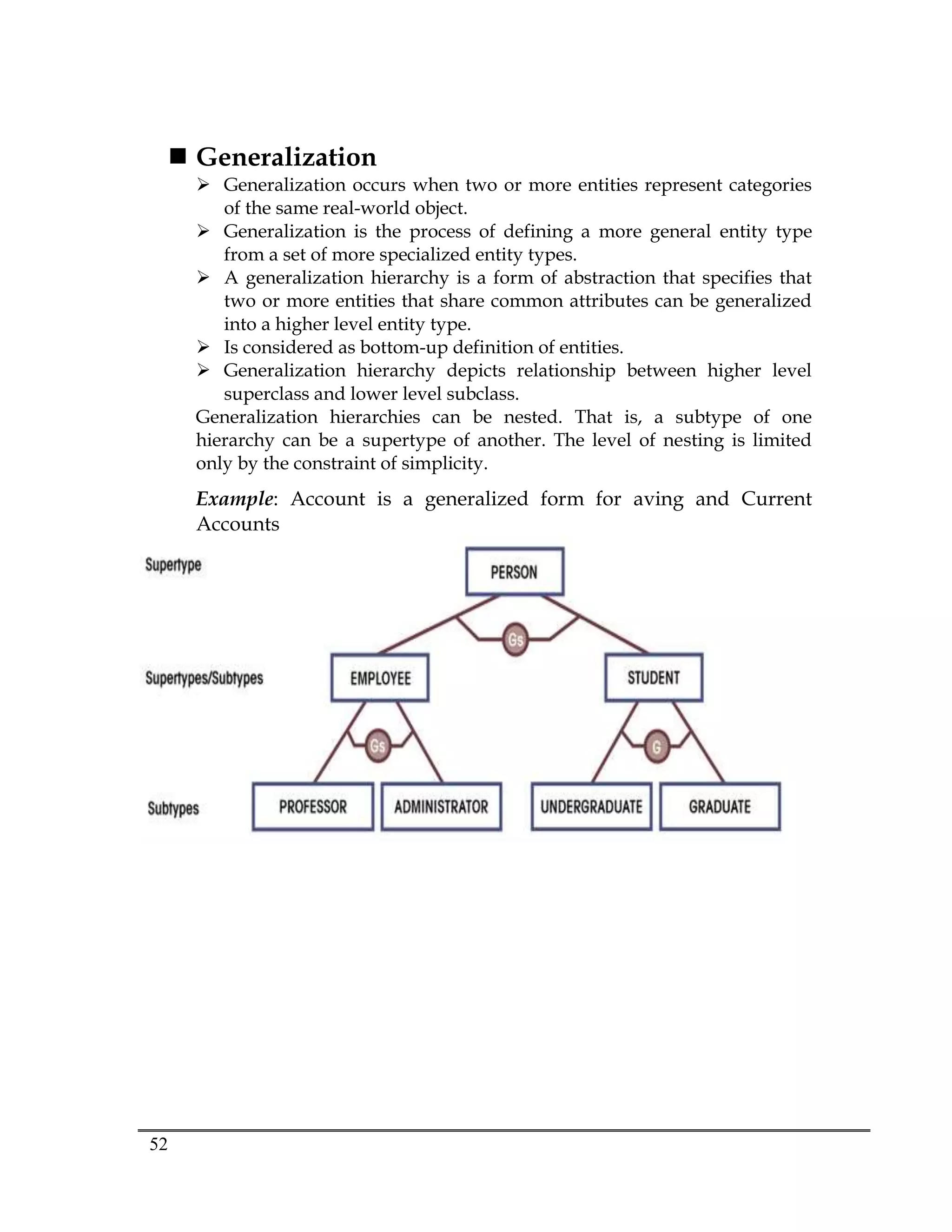 52
 Generalization
 Generalization occurs when two or more entities represent categories
of the same real-world object.
 Generalization is the process of defining a more general entity type
from a set of more specialized entity types.
 A generalization hierarchy is a form of abstraction that specifies that
two or more entities that share common attributes can be generalized
into a higher level entity type.
 Is considered as bottom-up definition of entities.
 Generalization hierarchy depicts relationship between higher level
superclass and lower level subclass.
Generalization hierarchies can be nested. That is, a subtype of one
hierarchy can be a supertype of another. The level of nesting is limited
only by the constraint of simplicity.
Example: Account is a generalized form for aving and Current
Accounts
 