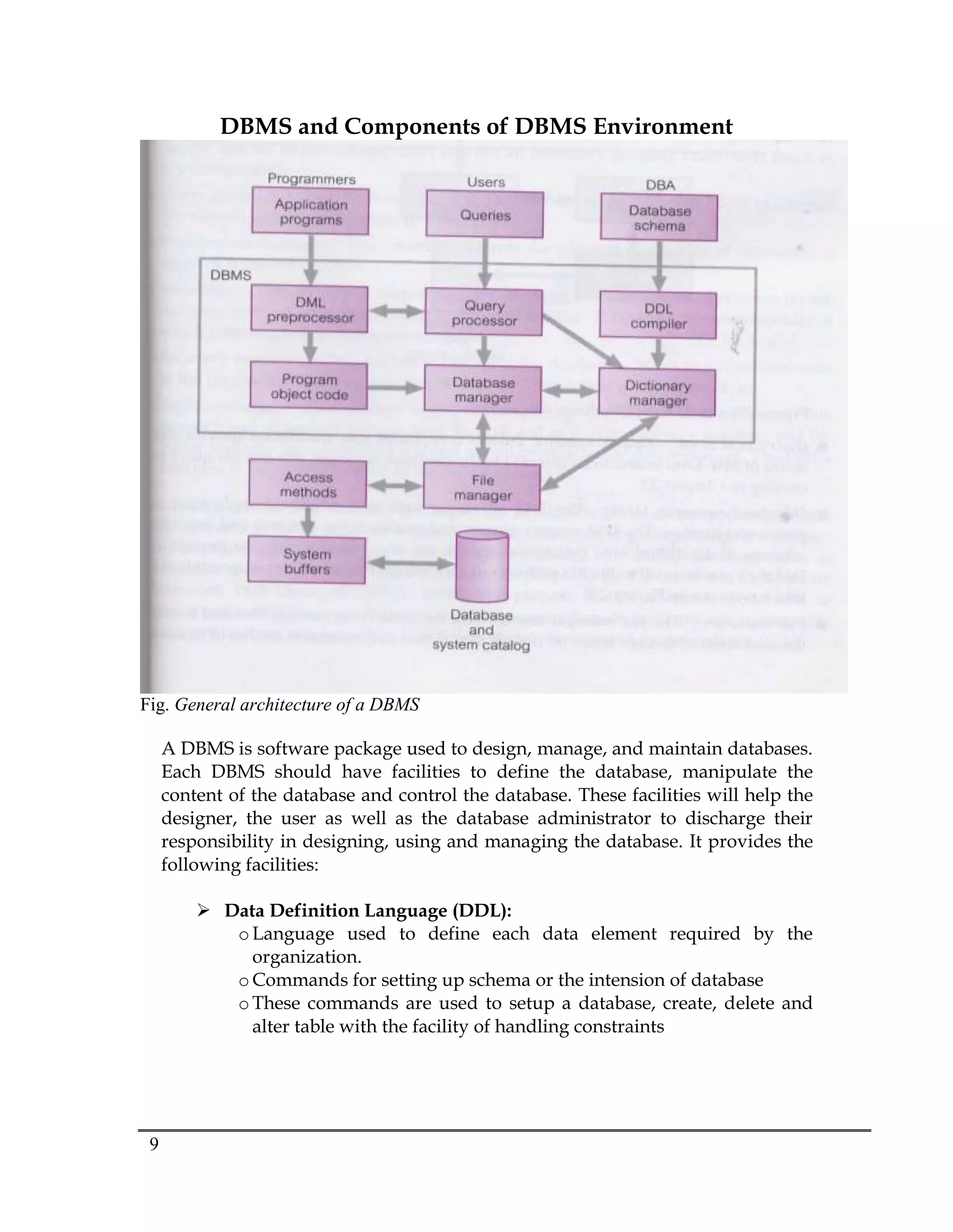 9
DBMS and Components of DBMS Environment
Fig. General architecture of a DBMS
A DBMS is software package used to design, manage, and maintain databases.
Each DBMS should have facilities to define the database, manipulate the
content of the database and control the database. These facilities will help the
designer, the user as well as the database administrator to discharge their
responsibility in designing, using and managing the database. It provides the
following facilities:
 Data Definition Language (DDL):
oLanguage used to define each data element required by the
organization.
oCommands for setting up schema or the intension of database
oThese commands are used to setup a database, create, delete and
alter table with the facility of handling constraints
 