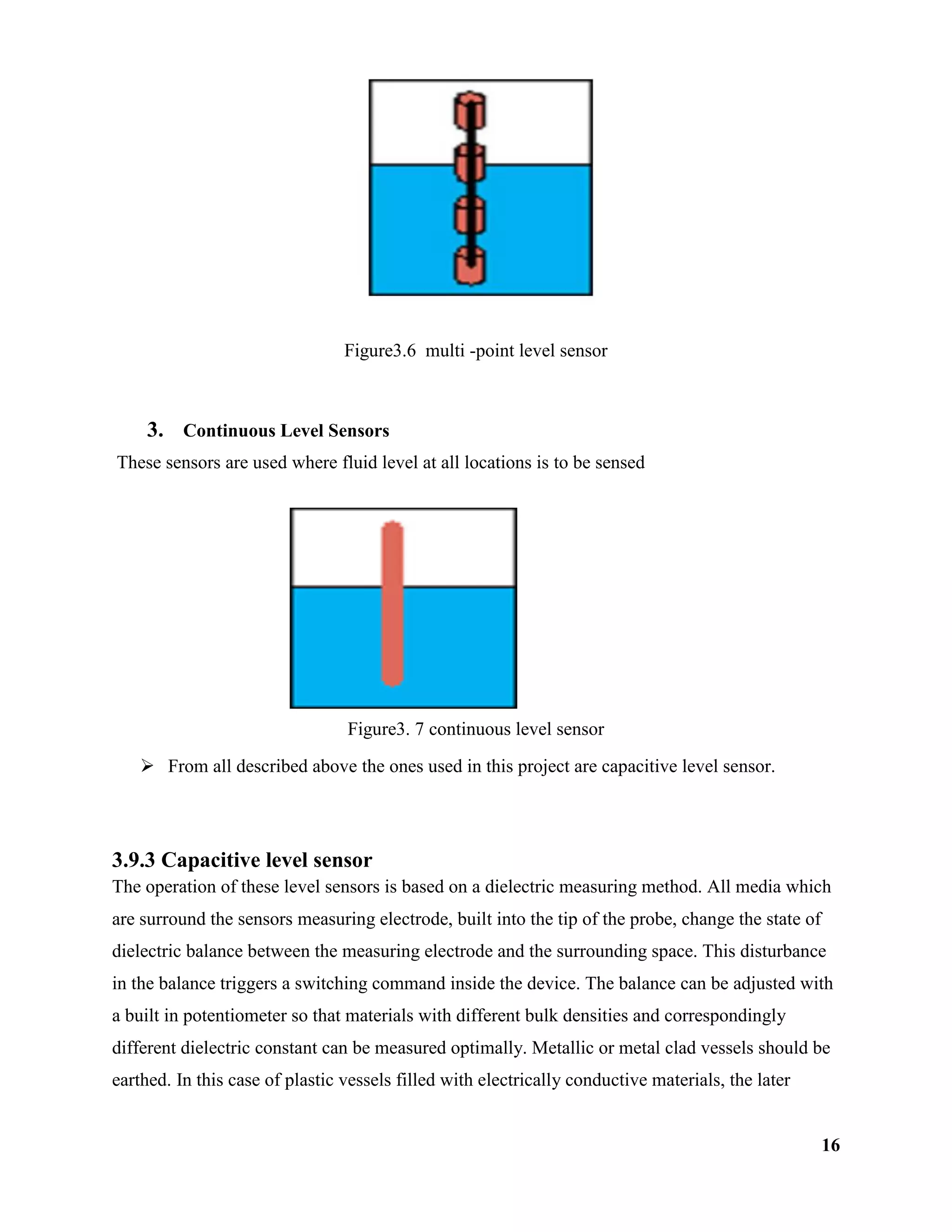 16
Figure3.6 multi -point level sensor
3. Continuous Level Sensors
These sensors are used where fluid level at all locations is to be sensed
Figure3. 7 continuous level sensor
 From all described above the ones used in this project are capacitive level sensor.
3.9.3 Capacitive level sensor
The operation of these level sensors is based on a dielectric measuring method. All media which
are surround the sensors measuring electrode, built into the tip of the probe, change the state of
dielectric balance between the measuring electrode and the surrounding space. This disturbance
in the balance triggers a switching command inside the device. The balance can be adjusted with
a built in potentiometer so that materials with different bulk densities and correspondingly
different dielectric constant can be measured optimally. Metallic or metal clad vessels should be
earthed. In this case of plastic vessels filled with electrically conductive materials, the later
 