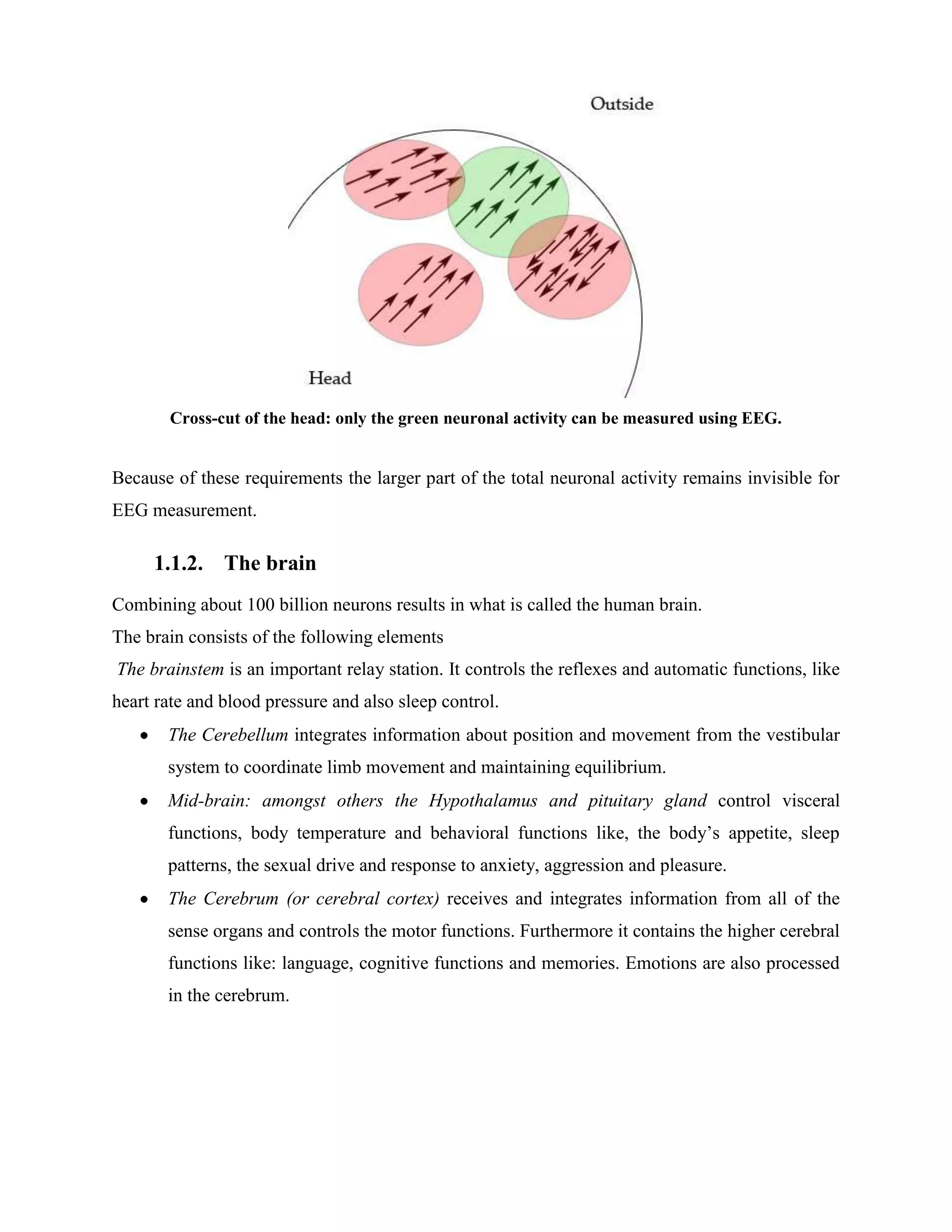 Cross-cut of the head: only the green neuronal activity can be measured using EEG.


Because of these requirements the larger part of the total neuronal activity remains invisible for
EEG measurement.

     1.1.2. The brain
Combining about 100 billion neurons results in what is called the human brain.
The brain consists of the following elements
The brainstem is an important relay station. It controls the reflexes and automatic functions, like
heart rate and blood pressure and also sleep control.
       The Cerebellum integrates information about position and movement from the vestibular
       system to coordinate limb movement and maintaining equilibrium.
       Mid-brain: amongst others the Hypothalamus and pituitary gland control visceral
       functions, body temperature and behavioral functions like, the body’s appetite, sleep
       patterns, the sexual drive and response to anxiety, aggression and pleasure.
       The Cerebrum (or cerebral cortex) receives and integrates information from all of the
       sense organs and controls the motor functions. Furthermore it contains the higher cerebral
       functions like: language, cognitive functions and memories. Emotions are also processed
       in the cerebrum.
 