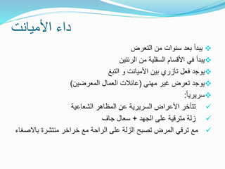 ‫األميانت‬ ‫داء‬

‫التعرض‬ ‫من‬ ‫سنوات‬ ‫بعد‬ ‫يبدأ‬

‫الرئتين‬ ‫من‬ ‫السفلية‬ ‫األقسام‬ ‫في‬ ‫يبدأ‬

‫التبغ‬ ‫و‬ ‫األميانت‬ ‫بين‬ ‫تآزري‬ ‫فعل‬ ‫يوجد‬

‫مهني‬ ‫غير‬ ‫تعرض‬ ‫يوجد‬
(
‫المعرضين‬ ‫العمال‬ ‫عائالت‬
)

ً‫ا‬‫سريري‬
:

‫األعراض‬ ‫تتأخر‬
‫السريرية‬
‫الشعاعية‬ ‫المظاهر‬ ‫عن‬

‫الجهد‬ ‫على‬ ‫مترقية‬ ‫زلة‬
+
‫جاف‬ ‫سعال‬

‫مع‬ ‫الراحة‬ ‫على‬ ‫الزلة‬ ‫تصبح‬ ‫المرض‬ ‫ترقي‬ ‫مع‬
‫خراخر‬
‫منتشرة‬
‫باالص‬
‫غاء‬
 