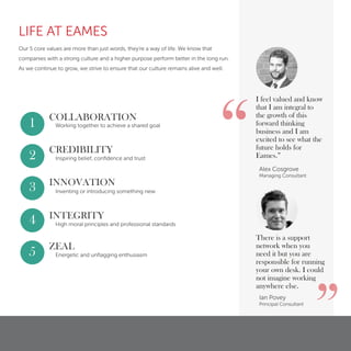LIFE AT EAMES
Our 5 core values are more than just words, they're a way of life. We know that
companies with a strong culture and a higher purpose perform better in the long run.
As we continue to grow, we strive to ensure that our culture remains alive and well.
COLLABORATION
Working together to achieve a shared goal
CREDIBILITY
Inspiring belief, conﬁdence and trust
INNOVATION
Inventing or introducing something new
INTEGRITY
High moral principles and professional standards
ZEAL
Energetic and unﬂagging enthusiasm
1
2
3
4
5
I feel valued and know
that I am integral to
the growth of this
forward thinking
business and I am
excited to see what the
future holds for
Eames.”
“
There is a support
network when you
need it but you are
responsible for running
your own desk. I could
not imagine working
anywhere else.
Alex Cosgrove
Managing Consultant
Ian Povey
Principal Consultant
”
 