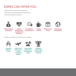 EAMES CAN OFFER YOU
• Opportunities for growth and progression
• Tailored training and development programmes
• Attractive package and beneﬁts:
• Variety of incentives for top performers including:
Market-leading
commission
Flexible
beneﬁts such
as pension and
healthcare
Competitive
referral scheme
Flexible
working
Regular social
events
International
secondments
Quarterly
Director’s
Lunch
Saffron Club
paid trips for
top 10
consultants
globally
International
paid trips for
top billers and
a guest
Employee
awards voted
for by entire
company
 