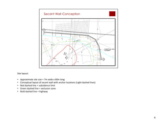 4
Site layout:
• Approximate site size = 7m wide x 60m long
• Conceptual layout of secant wall with anchor locations (Light dashed lines)
• Red dashed line = subsidence limit
• Green dashed line = exclusion zone
• Bold dashed line = highway
 