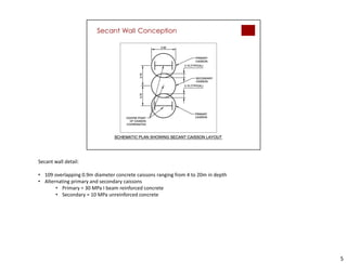 5
Secant wall detail:
• 109 overlapping 0.9m diameter concrete caissons ranging from 4 to 20m in depth
• Alternating primary and secondary caissons
• Primary = 30 MPa I beam reinforced concrete
• Secondary = 10 MPa unreinforced concrete
 
