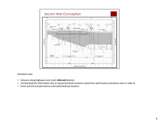 6
Elevation view:
• Caissons along highway must reach inferred bedrock
• Limited bedrock information due to sparse borehole locations away from wall location (locations seen in slide 4)
• Entire job bid and planned on estimated bedrock location
 