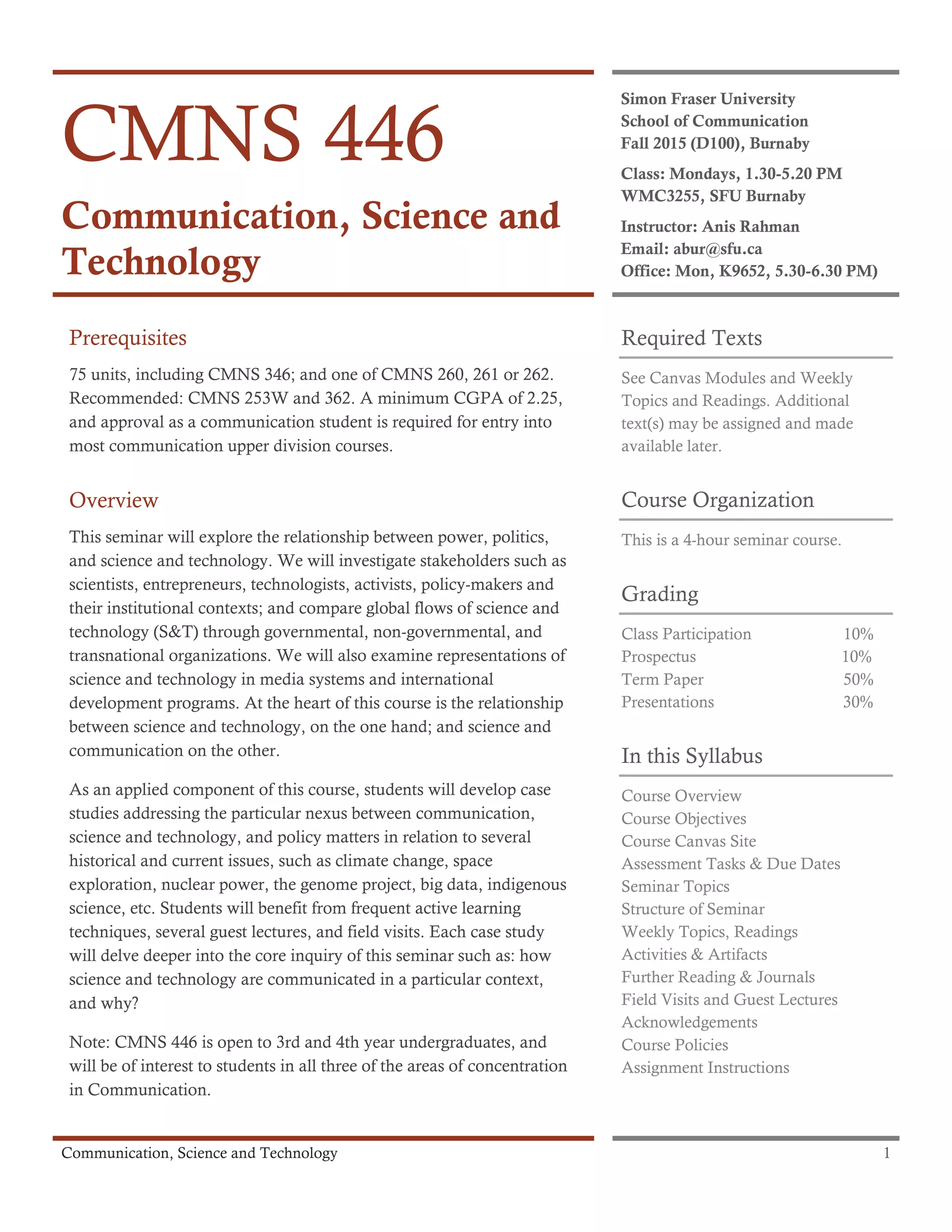 CMNS 446-4 Communication, Science & Technology, Updated Syllabus, Fall 2015  A Rahman Oct 5 2015 | PDF