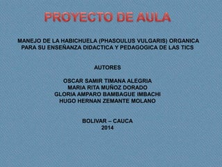 MANEJO DE LA HABICHUELA (PHASOULUS VULGARIS) ORGANICA
PARA SU ENSEÑANZA DIDACTICA Y PEDAGOGICA DE LAS TICS
AUTORES
OSCAR SAMIR TIMANA ALEGRIA
MARIA RITA MUÑOZ DORADO
GLORIA AMPARO BAMBAGUE IMBACHI
HUGO HERNAN ZEMANTE MOLANO
BOLIVAR – CAUCA
2014
 