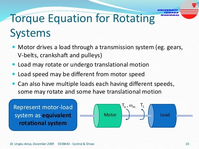 Torque Equation for Rotating
Systems
 Motor drives a load through a transmission system (eg. gears,
V-belts, crankshaft and pulleys)
 Load may rotate or undergo translational motion
 Load speed may be different from motor speed
 Can also have multiple loads each having different speeds,
some may rotate and some have translational motion
Dr. Ungku Anisa, December 2009 EEEB443 - Control & Drives 20
Motor Load
Te , m TL
Represent motor-load
system as equivalent
rotational system
 