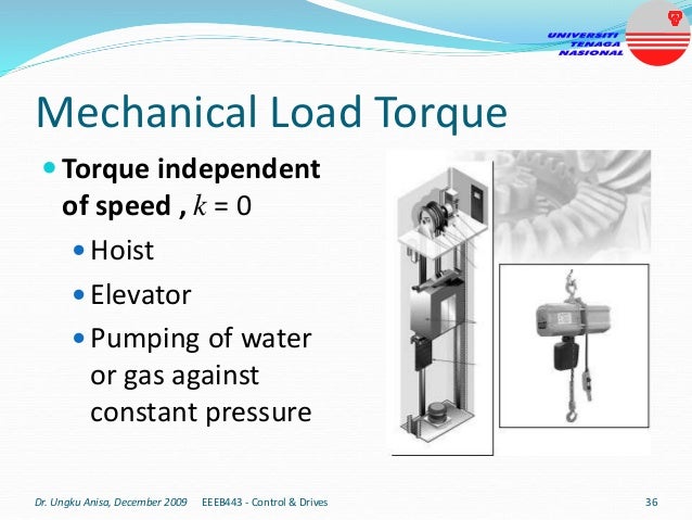 Mechanical Load Torque
 Torque independent
of speed , k = 0
 Hoist
 Elevator
 Pumping of water
or gas against
constant pressure
Dr. Ungku Anisa, December 2009 36
EEEB443 - Control & Drives
 