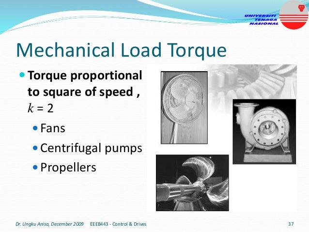 Mechanical Load Torque
 Torque proportional
to square of speed ,
k = 2
 Fans
 Centrifugal pumps
 Propellers
Dr. Ungku Anisa, December 2009 37
EEEB443 - Control & Drives
 