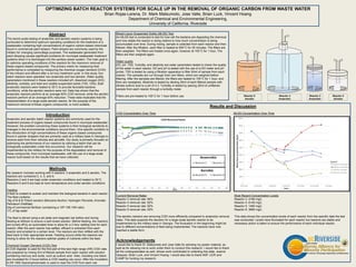 Results and Discussion
COD Concentration Over Time MLSS Concentration Over Time
OPTIMIZING BATCH REACTOR SYSTEMS FOR SCALE UP IN THE REMOVAL OF ORGANIC CARBON FROM WASTE WATER
Brian Rojas-Lerena, Dr. Mark Matsumoto, Jose Valle, Brian Luck, Vincent Hoang
Department of Chemical and Environmental Engineering,
University of California, Riverside
Abstract
The bench-scale testing of anaerobic and aerobic reactor systems is being
conducted to determine optimum operating conditions for the treatment of a
wastewater containing high concentrations of organic carbon-based chemicals
found in commercial paint stripers. Paint stripers are commonly used by the
military for changing camouflage purposes. The wastewater generated from
paint stripping causes significant problems for municipal wastewater treatment
systems when it is discharged into the sanitary sewer system. The main goal is
to optimize operating conditions of the reactors for the maximum removal of
these organic-based compounds. The primary metric for measuring their
performance is completed by measuring the chemical oxygen demand (COD)
of the influent and effluent after a 24 hour treatment cycle. In this study, four
batch reactors were operated: two anaerobic and two aerobic. Water quality
parameters monitored in these reactors included pH, dissolved oxygen (DO),
alkalinity, turbidity, and total and volatile suspended solids (TSS, VSS). Both
anaerobic reactors were heated to 35°C to provide favorable bacteria
conditions, while the aerobic reactors were not. Data has shown that the
anaerobic reactors perform at an average 83% COD removal, while the aerobic
reactors perform at an average 93% reduction. These data implicates that the
implementation of a large-scale aerobic reactor, for the purpose of the
maximum removal of these organic compounds, is more suitable.
Introduction
Anaerobic and aerobic batch reactor systems are commonly used for the
treatment process of organic-based compounds found in municipal wastewater.
However, the problem concerning these systems is their biological sensitivity to
changes in the environmental conditions around them. One specific condition is
the introduction of high concentrations of these organic-based compounds
found in painter strippers that are primarily used at a military base in Georgia to
remove paint from their vehicles and aircrafts. Our study is primarily focused on
optimizing the performance of our reactors by utilizing a batch that can be
biologically sustainable under this occurrence. Our research will be
implemented by the military for the purpose of the degradation and removal of
these compounds, from municipal wastewater, with the use of a large-scale
reactor built based on the results that we have collected.
Methods
My research includes working with 4 reactors: 2 anaerobic and 2 aerobic. The
reactors are numbered 2, 4, 5, and 6.
Reactors 2 and 4 are kept under anaerobic conditions and heated to 35°C.
Reactors 5 and 6 are kept at room temperature and under aerobic conditions
Feeding
A feed is created to sustain and maintain the biological bacteria in each reactor.
The feed contains:
18g of B & B Tritech solution (Benzene Alcohol, Hydrogen Peroxide, Aromatic
Petroleum Distillate)
24g of commercial fertilizer (containing a 10P:10K:10N ratio)
17L of tap water
The feed is stirred using a stir plate and magnetic bar before and during
feeding at 400rpm to ensure a well mixed solution. Before feeding, the reactors
are turned off by an automated timer to allow for a 3 hour settling time for each
reactor. After the each reactor has settled, effluent is extracted from each
reactor and emptied to a certain level. The reactors are then refilled with the
feed back to their appropriate levels. Feeding occurs while the reactors are
mixing to allow for the reactors optimal uptake of nutrients within the feed.
Chemical Oxygen Demand (COD) Test
A COD digester is used for the first part of this test High range (HR) COD vials
are prepared by mixing 2ml of filtered sample from each reactor with solution
containing mercury and acids, such as sulfuric acid. Vials, including one blank,
are incubated for 2 hours before a COD reading can occur. After the incubation,
A DR 1900 Spectrophotometer is used to read the COD from each vial.
Mixed Liquor Suspended Solids (MLSS) Test
An MLSS test is conducted to test for how will the bacteria are degrading the chemical
and how stable the reactor is doing relative to how much concentration is being
accumulated over time. During mixing, sample is collected from each reactor and then
filtered. After the filtration, each filter is heated to 550°C for 30 minutes. The filters are
then weighted. The filters are heated once again, however at 105°C for 1 hour. The
filters are then weighed again.
Water quality
DO, pH, TSS, Turbidity, and alkalinity are water parameters tested to check the quality
of the water in each reactor. DO and pH is tested with the use of a DO meter and pH
probe. TSS is tested by using a filtration apparatus to filter 50ml of sample from each
reactor. The samples are run through their own filters, which are weighed before
filtering. After the samples are filtered, the filters are heated to 105°C for 1 hour, and
then are reweighed. Alkalinity is tested by diluting 25ml of each filtered sample with
diluted sulfuric acid to a pH of 4.3. Turbidity is tested by placing 25ml of unfiltered
sample from each reactor through a turbidity meter.
Filters are pre-heated to 105°C for 1 hour before use.
Current Removal Rates:
Reactor 2 removal rate: 85%
Reactor 4 removal rate: 82%
Reactor 5 removal rate: 92%
Reactor 6 removal rate: 93%
The aerobic reactors are removing COD more efficiently compared to anaerobic removal
rates. This data supports the decision for a large-scale aerobic reactor to be
implemented by the military base in Georgia. The fluctuation in the beginning might be
due to different concentrations of feed being implemented. The reactors have now
reached a stable form.
Acknowledgements
I would like to thank Dr. Matsumoto and Jose Valle for advising my poster material, as
well as for allowing me to work under them to conduct this research. I would like to thank
all the undergraduates as well, whose work contributed to collecting this data: Joanna
Vasquez, Brian Luck, and Vincent Hoang. I would also like to thank NSF, UCR and
CAMP for funding my research.
Most Recent Concentration Levels
Reactor 2: 4180 mg/L
Reactor 4: 8140 mg/L
Reactor 5: 1460 mg/L
Reactor 6: 3680 mg/L
This data shows the concentration levels of each reactor from the specific date the test
was conducted. Levels have fluctuated for each reactor but reactors are stable and
necessary action is taken to ensure the performance of each individual reactor.
Reactor 6
Aerobic
Reactor 4
Anaerobic
Reactor 2
Anaerobic
Reactor 5
Aerobic
 