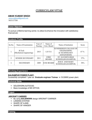 CURRICULAM VITAE
AMAN KUMAR SINGH
aman.defined@gmail.com
9455137388
Career Objective
To pursue a lifetime learning carrier, to utilize & enhance the innovation with satisfactory
financial aid.
Academic Profile
So.No. Name of Examination
Year of
Passing
Name of
Univ./Board
Name of Institution Score
1.
B.Tech
(Mechanical engineering)
2015 U.P.T.U
SUNDERDEEP COLLEGE OF
ENGINEERING
& TECHNOLOGY
(GHAZIABAD)
67 %
2. SENIOR SECONDARY 2011
CBSE
BOARD
ST. XAVIER'S HIGH
SCHOOL(BALRAMPUR)
57%
3. SECONDARY 2009 ICSE BOARD
JESUS AND MARY
SCHOOL(BALRAMPUR)
58%
Working Experience
BALRAMPUR POWER PLANT:
Sucessfully completed 1 year as Graduate engineer Trainee in 19.55MW power plant.
Technical Skills
§ SOLIDWORK,AUTOCAD.
§ Basic knowledge of MS OFFICE.
Project
AIRCRAFT CARRIER
§ By using SOLIDWORK design AIRCRAFT CARRIER
§ LANDING SYSTEM
§ SHAPE OF ILAND
§ SHAPE OF HANGER
Training
 