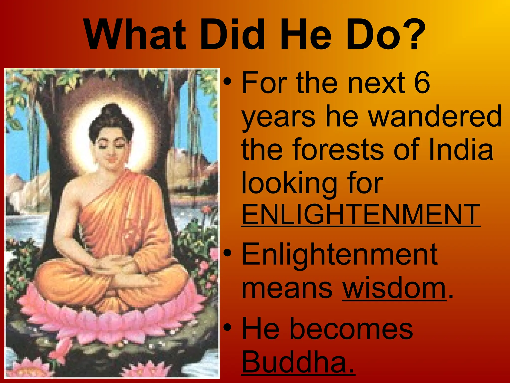 What Did He Do?
• For the next 6
years he wandered
the forests of India
looking for
ENLIGHTENMENT
• Enlightenment
means wisdom.
• He becomes
Buddha.
 