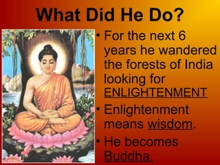What Did He Do?
• For the next 6
years he wandered
the forests of India
looking for
ENLIGHTENMENT
• Enlightenment
means wisdom.
• He becomes
Buddha.
 