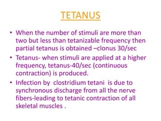 TETANUS
• When the number of stimuli are more than
two but less than tetanizable frequency then
partial tetanus is obtained –clonus 30/sec
• Tetanus- when stimuli are applied at a higher
frequency, tetanus-40/sec (continuous
contraction) is produced.
• Infection by clostridium tetani is due to
synchronous discharge from all the nerve
fibers-leading to tetanic contraction of all
skeletal muscles .
 