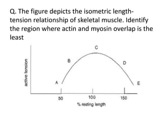 Q. The figure depicts the isometric length-
tension relationship of skeletal muscle. Identify
the region where actin and myosin overlap is the
least
 