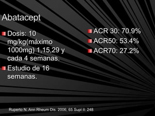 Dosis: 10
mg/kg(máximo
1000mg) 1,15,29 y
cada 4 semanas.
Estudio de 16
semanas.
ACR 30: 70.9%
ACR50: 53.4%
ACR70: 27.2%
Ruperto N. Ann Rheum Dis. 2006; 65 Supl II: 248
 