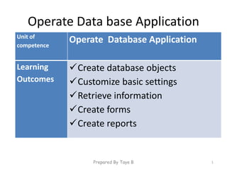 Operate Data base Application
Unit of
competence
Operate Database Application
Learning
Outcomes
Create database objects
Customize basic settings
Retrieve information
Create forms
Create reports
Prepared By Taye B 1
 