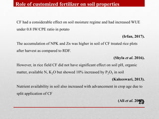 CF had a considerable effect on soil moisture regime and had increased WUE
under 0.8 IW/CPE ratio in potato
(Irfan, 2017)....
