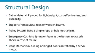 Structural Design

Cabin Material: Plywood for lightweight, cost-effectiveness, and
durability.

Support Frame: Metal rods or wooden beams.

Pulley System: Uses a simple rope or belt mechanism.

Emergency Cushion: Spring or foam at the bottom to absorb
shock in case of failure.

Door Mechanism: Sliding or hinged door controlled by a servo
motor.
 