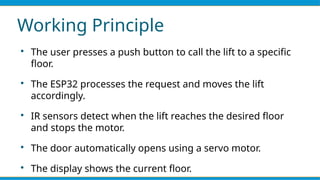 Working Principle

The user presses a push button to call the lift to a specific
floor.

The ESP32 processes the request and moves the lift
accordingly.

IR sensors detect when the lift reaches the desired floor
and stops the motor.

The door automatically opens using a servo motor.

The display shows the current floor.
 