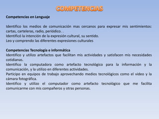 Competencias en Lenguaje
Identifico los medios de comunicación mas cercanos para expresar mis sentimientos:
cartas, carteleras, radio, periódico. .
Identificó la intención de la expresión cultural, su sentido.
Leo y comprendo las diferentes expresiones culturales
Competencias Tecnología e informática
Identifico y utilizo artefactos que facilitan mis actividades y satisfacen mis necesidades
cotidianas.
Identifico la computadora como artefacto tecnológico para la información y la
comunicación, y la utilizo en diferentes actividades.
Participo en equipos de trabajo aprovechando medios tecnológicos como el video y la
cámara fotográfica.
Identifico y utilizo el computador como artefacto tecnológico que me facilita
comunicarme con mis compañeros y otras personas.
 