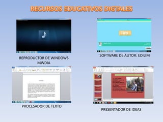REPRODUCTOR DE WINDOWS
MWDIA
SOFTWARE DE AUTOR: EDILIM
PROCESADOR DE TEXTO
PRESENTADOR DE IDEAS
 