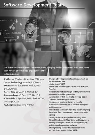 -Design&Developmentofdesktopandwebap-
plicationswith.Net
-.NetwithASP.NET
-PHPbasedshoppingcartscriptssuchasX-cart,
Zen-Cart
-RelationalDatabaseDesignandImplementation
-ObjectOrientedProgramming
-ApplicationofUMLModelstodevelopObject
Orientedsoftwareapplications
-ComponentimplementationofJoomla
-CMSbasedsolutionsuchasJoomla,Wordpress
andDrupaletc.
-Flashbasedanimationincludingactionscripting
-B-Brochure,yer,postersandbusinesscardsde-
signing
-Stronganalyticalandproblemsolvingskills
-NeuralNet,GeneticAlgorithmsandFuzzySetto
developIntelligentCharacterRecognition(ICR)
andGestureRecognitionsoftware
--Strongtestingskillswithautomationtools
(QTP9.2,Loadrunner,NUnit,VSTS)
SoftwareDevelopmentTeam
TheSoftwareDevelopmentTeamcomprisesofhighlyskilledindividualswhohavemore
than7yearsofcombinedexperienceinthe
followingareas:
-Platforms:Windows,Linux,FreeBSD,Java
-ServerTechnology:Apache,IIS,Tomcat
-Database:MSSQLServer,MySQL,Post-
greSQL,Oracle
-ServerSideScript:PHP,ASP.net,JSP
-BusinessLogic:C,C++,J2EE,.Net,PHP
-Client-SideScript:XML,WML,SVG,XHTML,
JavaScript,AJAX
-GUIApplications:Java,PHP-GT
 