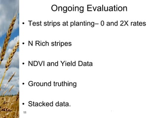 11
Ongoing Evaluation
• Test strips at planting– 0 and 2X rates
• N Rich stripes
• NDVI and Yield Data
• Ground truthing
• Stacked data.
 