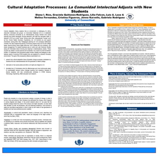 Cultural Adaptation Processes: La Comunidad Intelectual Adjusts with New
Students
Diana I. Ríos, Graciela Quiñones-Rodriguez, Lilia Falcon, Luis A. Loza &
Melina Fernandez, Cristina Figueroa, Jenna Karvelis, Gabriela Rodriguez
University of Connecticut
Abstract
Literature on Adapting
Students and Their Adaptation
First Year Students
•“Entering LCI as an incoming freshman, I was expecting a resourceful environment that would function as a
backbone to help me succeed in my new college experience. Growing up in a predominantly Caucasian
community, it never crossed my mind that there would be a space for Hispanics to rekindle with their culture.
Throughout my fall semester I had the opportunity to bond with other students who were interested in Latino
studies, but did not necessarily plan to specialize in these topics. My roommates are enrolled in two different
schools of concentration, yet the three of us can relate to look for a place to call our home within our traditional
perspective towards Latino culture. Although there has been criticism in regards to learning communities
dividing minorities further, I believe LCI has done the opposite for me. Attending the University of Connecticut as
an out-of-state student, fear often plagued my mind trying to find the resources I needed to grow. Without LCI I
would have not identified my key role in a sea where the majority tends to silence the minority.” –First year
student, LCI Economics and Business Administration.
•“I joined LCI out of interest in the Spanish language and Latino culture. I learned a lot about that through our
FYE class and simply through interactions with the diverse Latino diaspora around me. I personally am not
Latina, but I have always felt accepted within the community and my newfound friends have made UConn feel
like home. I feel that living in a community of like-minded emerging intellectuals is empowering, and essential to
finding a place where you truly belong in a large campus like this. It's great to know that there are always people
who support you no matter your differences.”—First year student, Pre-Teaching, Elementary Education.
•LCI has given me the confidence and support to make very important life decisions in just one semester. I
came in as a Biological Sciences, Pre-Med major. I was told early in life, coming from a middle class, Hispanic
household, that going to college to become a doctor would be the best decision for me financially, so that was
my plan. However, adapting to college is not as simple as that. You can’t come in one day and become a doctor
the next. LCI showed me how to deal with the everyday stress through our UNIV course and activities such as
Snack and Chat. These one-on-one interactions with not only with the professors, but other students like me,
helped me make a critical change. It was during those times I realized that it wasn’t just about the money, it was
about me and what I can bring to my community and make it a better place. Now I have chosen a major where I
hope to better the lives of individuals.”
••Coming from an inner city Catholic school, seventy-five in my graduating class, and most them being
minorities, entering the University of Connecticut was a cultural shock. Even though my incoming class had the
biggest enrollment of underrepresented students in the University’s history, it was easy to feel out of place. But
LCI made my adaptation into college life more pleasurable not just because I was still surrounded and reminded
of life back home but it has molded--what I consider a major influence in my every day college life” –First year
student, Human Development and Family Studies.
•“It never occurred to me that being Latino made me different. Entering UConn as a freshman who came from
Bridgeport, CT it was normal for minorities to be the majority. That changed in my fall semester at UConn.
UConn with a student population of 30,000 no longer reflected my home and it would take more than a good
night's sleep to adjust. I tried to find people with similar interests as me, and lo and behold I was drawn to
minority groups because it was all I’d known. LCI allowed me to find my people among the thousands upon
thousands here at UConn. I feel comfortable in my own skin. I am not afraid to be myself. I am proud of where I
come from, even if it makes me different. LCI allowed me to embrace my differences, they are what make me,
me.”—First year student, Marketing, School of Business.
Upper Level Student Voices
References
•Berry, J. W. (2005). Acculturation: Living successfully in two cultures. International Journal of Intercultural
Relations, 29(6), 697–712.
•Fiktorius, T. and Genoveva, A. (2017) Culture Shock. http://www.slideshare.net/teddyfiktorius/culture-shock-
29574996
•Gudykunst, W. B. (1995). Anxiety/uncertainty management (AUM) theory: Current status. In R. L. Wiseman
(Ed.), Intercultural Communication Theory (pp. 8–58). Newbury Park, CA: Sage.
•Gudykunst, W. B. (1998). Applying anxiety/uncertainty management (AUM) theory to intercultural adjustment
training. International Journal of Intercultural Relations, 22(2), 227–250.
•Gudykunst, W. B. (2005). An anxiety/uncertainty management (AUM) theory of strangers’ intercultural
adjustment. Theorizing About Intercultural Communication (pp. 419–457). Thousand Oaks, CA: Sage.
•Kim, Y. Y. (1977). Communication patterns of foreign immigrants in the process of acculturation. Human
Communication Research, 4, 70–77.
•Kim, Y. Y. (2001). Becoming Intercultural: An Integrative theory of Communication and Cross-cultural
Adaptation. Thousand Oaks, CA: Sage.
•Kim, Y. Y. (2005). Inquiry in intercultural and development communication. Journal of Communication, 55(3),
554–577.
•Martin,J. and Nakayama, T. (2007). Intercultural Communication in Contexts. NY: McGraw Hill.
•Mifflin, J. (2009). Closing the circle: Native American writings in colonial New England, A documentary Nexus
between acculturation and cultural preservation. The American Archivist, 72 (2), 344-382.
•Sam, D. and Berry, J. (2010). Acculturation: When individuals and groups of different cultural backgrounds
meet. Perspectives on Psychological Science, 5 (4), 472-481.
•Sobre-Denton, M. and Hart, D. (2008). Mind the gap: Application-based analysis of cultural adjustment
models. International Journal of Intercultural Relations, 32, 538-552.
Cultural adaptation theory explains that an environment is challenging for ethnic
newcomer individuals and groups. La Comunidad Intelectual (LCI) is a residential
learning community envisioned by an interdisciplinary faculty member from social
sciences and further developed, through teamwork, with staff from education fields. It
debuted in 2014 as a small “house” among many other undergraduate “houses” such
as Eco, Human Rights, Business, Engineering, etc. LCI functions as one support
mechanism, among other nets. Pedagogical planning for LCI’s emerging intellectuals
includes First Year Experience/Learning Community program tools such as the college
essay, résumé writing, library digital resources, how to speak with your professor, and
stress management. An original emphasis was on Latino and Latin American Studies
along with information about minoring and majoring in interdisciplinary studies. These
courses are nested in social sciences and humanities. As a result of current enrollment
profiles, LCI leadership must themselves adapt mindset, strategy and pedagogy to also
address needs of incoming STEM students who are adapting to a dynamic university
environment. The goal of this necessarily reflexive examination is to:
1. present how cultural adaptation theory illustrates change processes undertaken by
students who are underrepresented and first generation to attend college;
1. shed light on how social justice and ethnic civil rights are integral to LCI;
1. elucidate how LCI developers strive for effectiveness and must continuously adapt
to unanticipated campus culture changes resulting from academic interests of
diverse students, and new university-wide emphasis in STEM (Science
Technology, Engineering, Math) education and research.
Current 2017 Events: Valentine's Snack & Chat with Human Rights and Action LC on Wed Feb 15. Snack &
Chats on March 8th and April 12th (all at 5:30).
El Concilio is in the process of also being an official student organization (club).
We now have an Instagram account made for LCI.
Future Events: New York to see Ellis Island and the United Nations; We would like to have an etiquette dinner
with the entire community towards the end of the semester.
We also plan to speak at high schools about LCI and the importance of finding learning community type
groups in general.
Future Growth: Given the political environment, something like this LC is even more important to be a support
system for students. A bigger LCI? Bigger with a strong structure, not just course materials, but a solid
Concilio, everyone has to be on the same page.
•Two floors (2x40 = 80 people), would need more meetings, more than just Snack and Chat, would need peer
mentorship “Amigos” pairing up. Upper class people could have an open-door time for first-year drop-ins;
matching up very early in the term by major can be helpful. Bonding is at the beginning of the term before the
workload gets heavier.
•Just because it could be bigger, does not mean it would be more successful. Let’s see how next year 2017-18
goes.
1st Year Student Voices
People who transition to a new environment undergo a process of change in order to
survive, thrive and advance. Much literature has addressed this change, which happens
in various degrees and stages. In the current research about LCI, we pose that the
students change toward the culture of the campus and higher education, but also retain
their identities. As well, the developers, who are seasoned academics, must continue to
adapt and reconfigure approaches in order to keep up with needs of new generations of
students and new socio-political-economic realities.
•Acculturation, or cultural level assimilation, toward a dominant norm, describes how
individuals take on characteristic traits, values and language of the larger society in
which they live (Berry, 2005).
•Adaptation is a similar and more encompassing conceptual process, ‘individuals who,
on relocating to an unfamiliar socio-cultural environment, strive to establish and maintain
a relatively stable, reciprocal, and functional relationship with [that] environment’’ (Kim,
2005)
•Culture Shock, Anxiety, and Uncertainty Management theories have focused on
newcomer stress and how newcomers regulate, cope with stressors of adjustment. new
locations, new roles, new positions, etc. (Gudykunst, 1995;1998).
•When individuals and groups enter an organization or society, there is a reciprocal
process, cross-cultural, intercultural, phenomenon that has mutual consequences. Martin
and Nakayama (2007) and many scholars (Kim, 1977; 2001; Sobre-Denton & Hart,
2008; Sam & Berry, 2010)) have examined this within domestic and global realms.
Plans & Adapting, Adjusting for Subsequent Years
•“As a 1st generation immigrant and transfer student coming from Community College, LCI was an
essential part in my transition to UConn. I joined LCI in 2015, its 2nd year of development, and I got the
opportunity to meet such a diverse group of people within the Latino community, forming strong
friendships and sharing each other’s culture. We as intellectuals promote a supportive environment for
minorities from different majors and create a sense of security among us. I was born and raised in Peru,
but LCI became my home away from home. We have a strong sense of family in this community and we
serve each other as an emotional and academic rapport.”
••When I came to the US in 2012, I was nervous about which major to choose so I picked
Liberals Arts and Sciences and enrolled in a Community College. I was fortunate to have been
surrounded by a supportive family that supported my decisions. I think there is always pressure from our
parents’ expectations, especially for the children of immigrant parents because our parents did not have
the same opportunities as us. They project their dreams on us for their legacy and goals to carry on us,
but this pressure has helped me in making decisions about my future. I explored my different career
options and tried different classes. That helped me decide to apply to UConn and eventually get into an
Allied Health Sciences path. I finished my Associate’s degree with honors. Now, I am a graduating
senior in May and on the pre-med track.” – Senior Student in Allied Health Sciences
•“As a first generation immigrant, I am bound to high expectations by my family. I made the sacrifice to
leave a comfortable life to reach a higher place in academic society, and this is why I chose engineering
as a major. I want to be able to contribute to society and particularly to this country as it’s the sale of
ideas and international production that brought America to this economic might. My first year was tough
and rigorous to work as I took too many credits, but the small group of students that started this learning
community furnished enough to help me push through. I’ve seen this learning community grow since
then and hope it continues growing in both number students but also in academic achievements as we
see students in many different fields of study.” –Junior, Chemical Engineering/Spanish
 