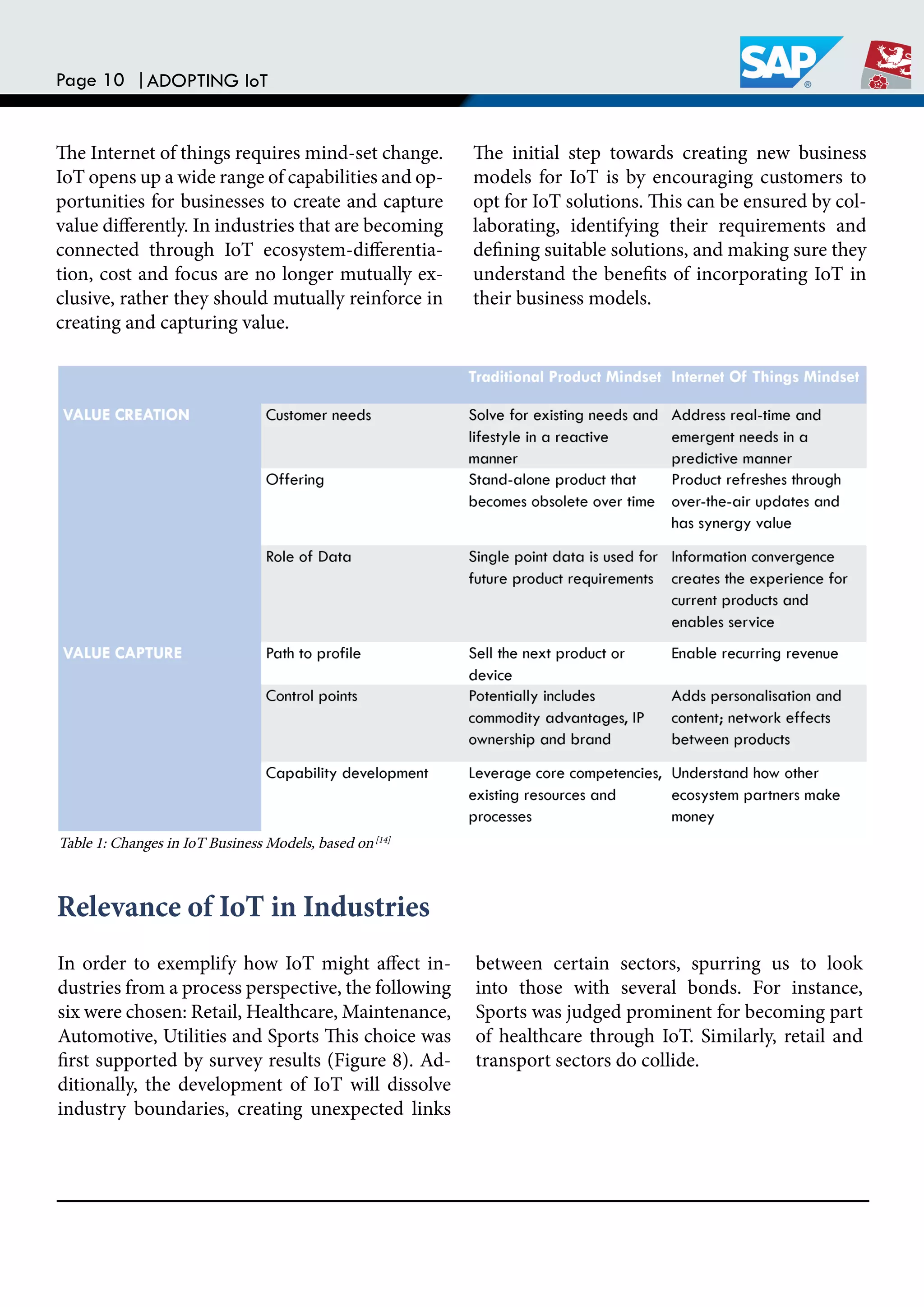Page 10 |ADOPTING IoT
In order to exemplify how IoT might afect in-
dustries from a process perspective, the following
six were chosen: Retail, Healthcare, Maintenance,
Automotive, Utilities and Sports his choice was
irst supported by survey results (Figure 8). Ad-
ditionally, the development of IoT will dissolve
industry boundaries, creating unexpected links
between certain sectors, spurring us to look
into those with several bonds. For instance,
Sports was judged prominent for becoming part
of healthcare through IoT. Similarly, retail and
transport sectors do collide.
he Internet of things requires mind-set change.
IoT opens up a wide range of capabilities and op-
portunities for businesses to create and capture
value diferently. In industries that are becoming
connected through IoT ecosystem-diferentia-
tion, cost and focus are no longer mutually ex-
clusive, rather they should mutually reinforce in
creating and capturing value.
he initial step towards creating new business
models for IoT is by encouraging customers to
opt for IoT solutions. his can be ensured by col-
laborating, identifying their requirements and
deining suitable solutions, and making sure they
understand the beneits of incorporating IoT in
their business models.
Relevance of IoT in Industries
Table 1: Changes in IoT Business Models, based on[14]
 