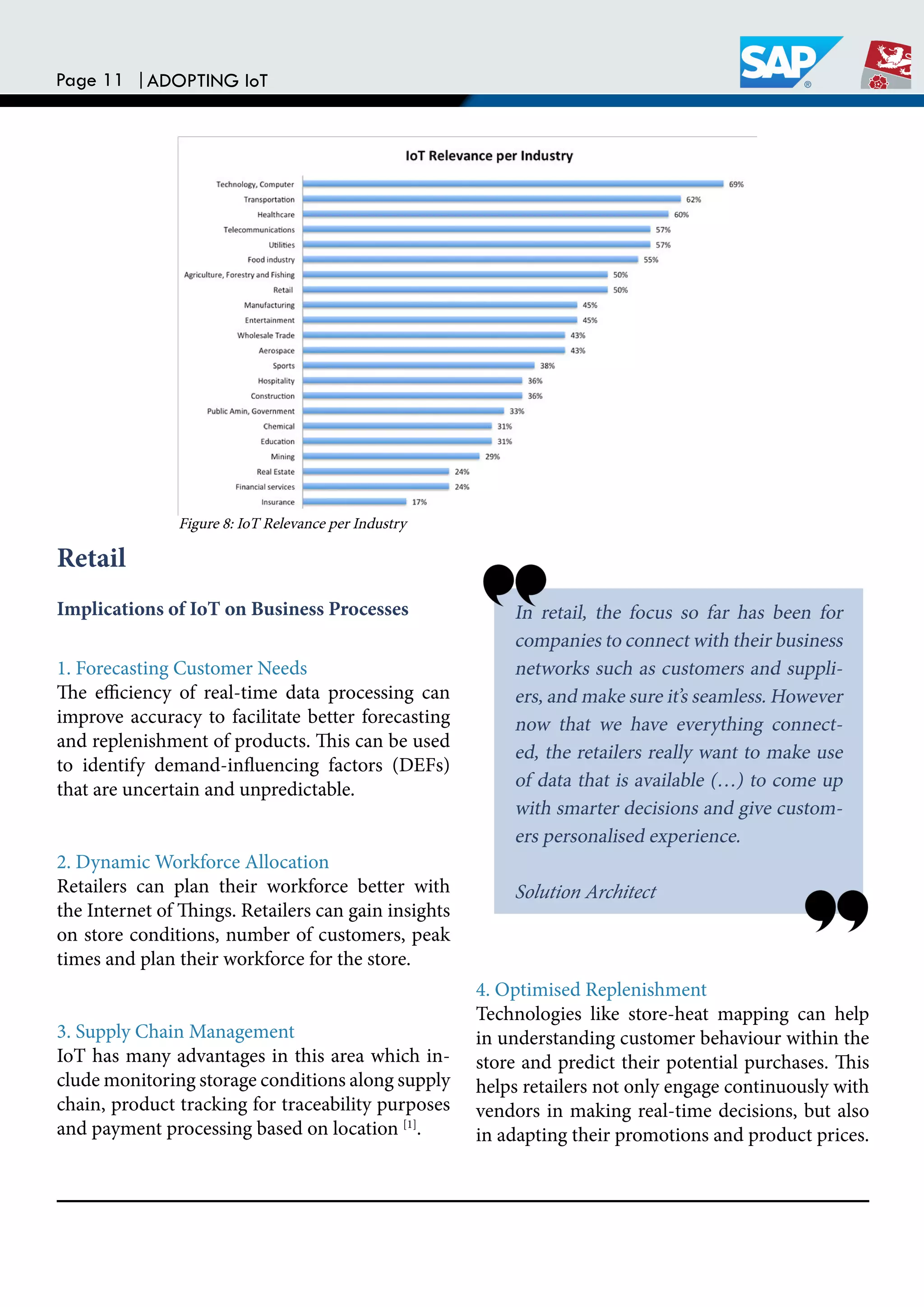 Page 11 |ADOPTING IoT
Retail
Implications of IoT on Business Processes
1. Forecasting Customer Needs
he eiciency of real-time data processing can
improve accuracy to facilitate better forecasting
and replenishment of products. his can be used
to identify demand-inluencing factors (DEFs)
that are uncertain and unpredictable.
2. Dynamic Workforce Allocation
Retailers can plan their workforce better with
the Internet of hings. Retailers can gain insights
on store conditions, number of customers, peak
times and plan their workforce for the store.
3. Supply Chain Management
IoT has many advantages in this area which in-
clude monitoring storage conditions along supply
chain, product tracking for traceability purposes
and payment processing based on location [1]
.
In retail, the focus so far has been for
companies to connect with their business
networks such as customers and suppli-
ers, and make sure it’s seamless. However
now that we have everything connect-
ed, the retailers really want to make use
of data that is available (…) to come up
with smarter decisions and give custom-
ers personalised experience.
Solution Architect
4. Optimised Replenishment
Technologies like store-heat mapping can help
in understanding customer behaviour within the
store and predict their potential purchases. his
helps retailers not only engage continuously with
vendors in making real-time decisions, but also
in adapting their promotions and product prices.
Figure 8: IoT Relevance per Industry
 