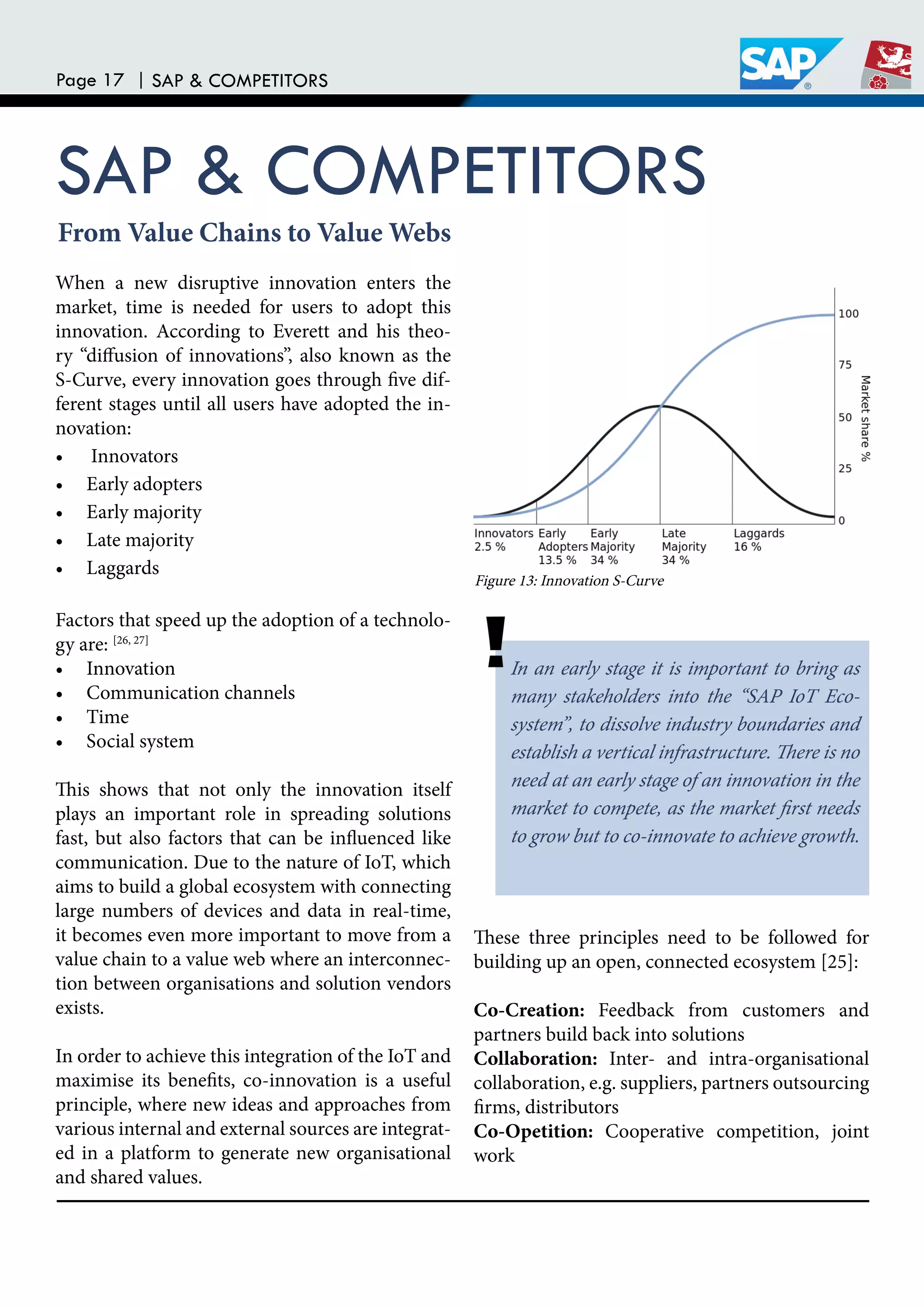 Page 17 | SAP & COMPETITORS
SAP & COMPETITORS
From Value Chains to Value Webs
When a new disruptive innovation enters the
market, time is needed for users to adopt this
innovation. According to Everett and his theo-
ry “difusion of innovations”, also known as the
S-Curve, every innovation goes through ive dif-
ferent stages until all users have adopted the in-
novation:
• Innovators
• Early adopters
• Early majority
• Late majority
• Laggards
Factors that speed up the adoption of a technolo-
gy are: [26, 27]
• Innovation
• Communication channels
• Time
• Social system
his shows that not only the innovation itself
plays an important role in spreading solutions
fast, but also factors that can be inluenced like
communication. Due to the nature of IoT, which
aims to build a global ecosystem with connecting
large numbers of devices and data in real-time,
it becomes even more important to move from a
value chain to a value web where an interconnec-
tion between organisations and solution vendors
exists.
In order to achieve this integration of the IoT and
maximise its beneits, co-innovation is a useful
principle, where new ideas and approaches from
various internal and external sources are integrat-
ed in a platform to generate new organisational
and shared values.
In an early stage it is important to bring as
many stakeholders into the “SAP IoT Eco-
system”, to dissolve industry boundaries and
establish a vertical infrastructure. here is no
need at an early stage of an innovation in the
market to compete, as the market irst needs
to grow but to co-innovate to achieve growth.
hese three principles need to be followed for
building up an open, connected ecosystem [25]:
Co-Creation: Feedback from customers and
partners build back into solutions
Collaboration: Inter- and intra-organisational
collaboration, e.g. suppliers, partners outsourcing
irms, distributors
Co-Opetition: Cooperative competition, joint
work
Figure 13: Innovation S-Curve
 