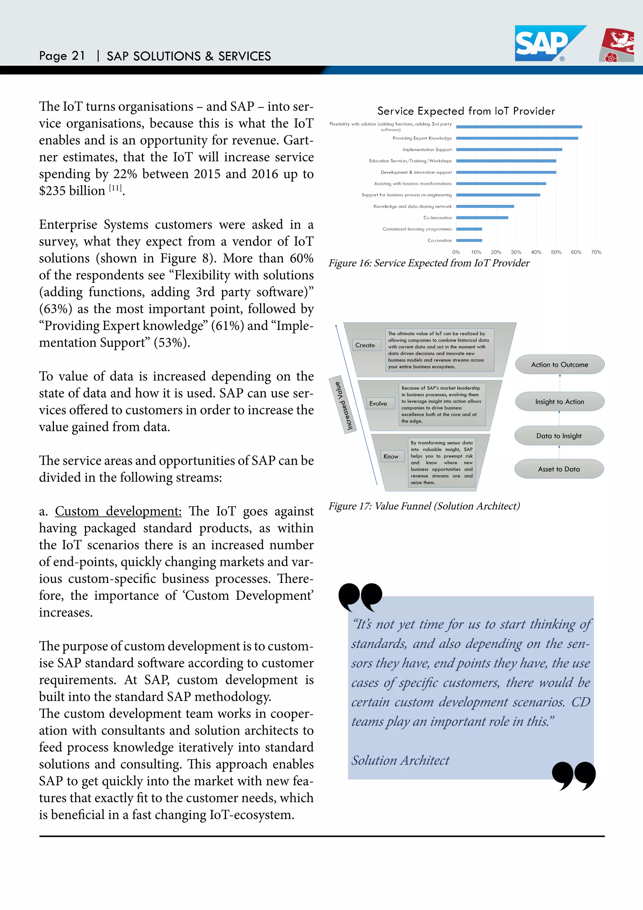 Page 21 | SAP SOLUTIONS & SERVICES
he IoT turns organisations – and SAP – into ser-
vice organisations, because this is what the IoT
enables and is an opportunity for revenue. Gart-
ner estimates, that the IoT will increase service
spending by 22% between 2015 and 2016 up to
$235 billion [11]
.
Enterprise Systems customers were asked in a
survey, what they expect from a vendor of IoT
solutions (shown in Figure 8). More than 60%
of the respondents see “Flexibility with solutions
(adding functions, adding 3rd party sotware)”
(63%) as the most important point, followed by
“Providing Expert knowledge” (61%) and “Imple-
mentation Support” (53%).
To value of data is increased depending on the
state of data and how it is used. SAP can use ser-
vices ofered to customers in order to increase the
value gained from data.
he service areas and opportunities of SAP can be
divided in the following streams:
a. Custom development: he IoT goes against
having packaged standard products, as within
the IoT scenarios there is an increased number
of end-points, quickly changing markets and var-
ious custom-speciic business processes. here-
fore, the importance of ‘Custom Development’
increases.
he purpose of custom development is to custom-
ise SAP standard sotware according to customer
requirements. At SAP, custom development is
built into the standard SAP methodology.
he custom development team works in cooper-
ation with consultants and solution architects to
feed process knowledge iteratively into standard
solutions and consulting. his approach enables
SAP to get quickly into the market with new fea-
tures that exactly it to the customer needs, which
is beneicial in a fast changing IoT-ecosystem.
“It’s not yet time for us to start thinking of
standards, and also depending on the sen-
sors they have, end points they have, the use
cases of speciic customers, there would be
certain custom development scenarios. CD
teams play an important role in this.”
Solution Architect
Figure 16: Service Expected from IoT Provider
Figure 17: Value Funnel (Solution Architect)
 