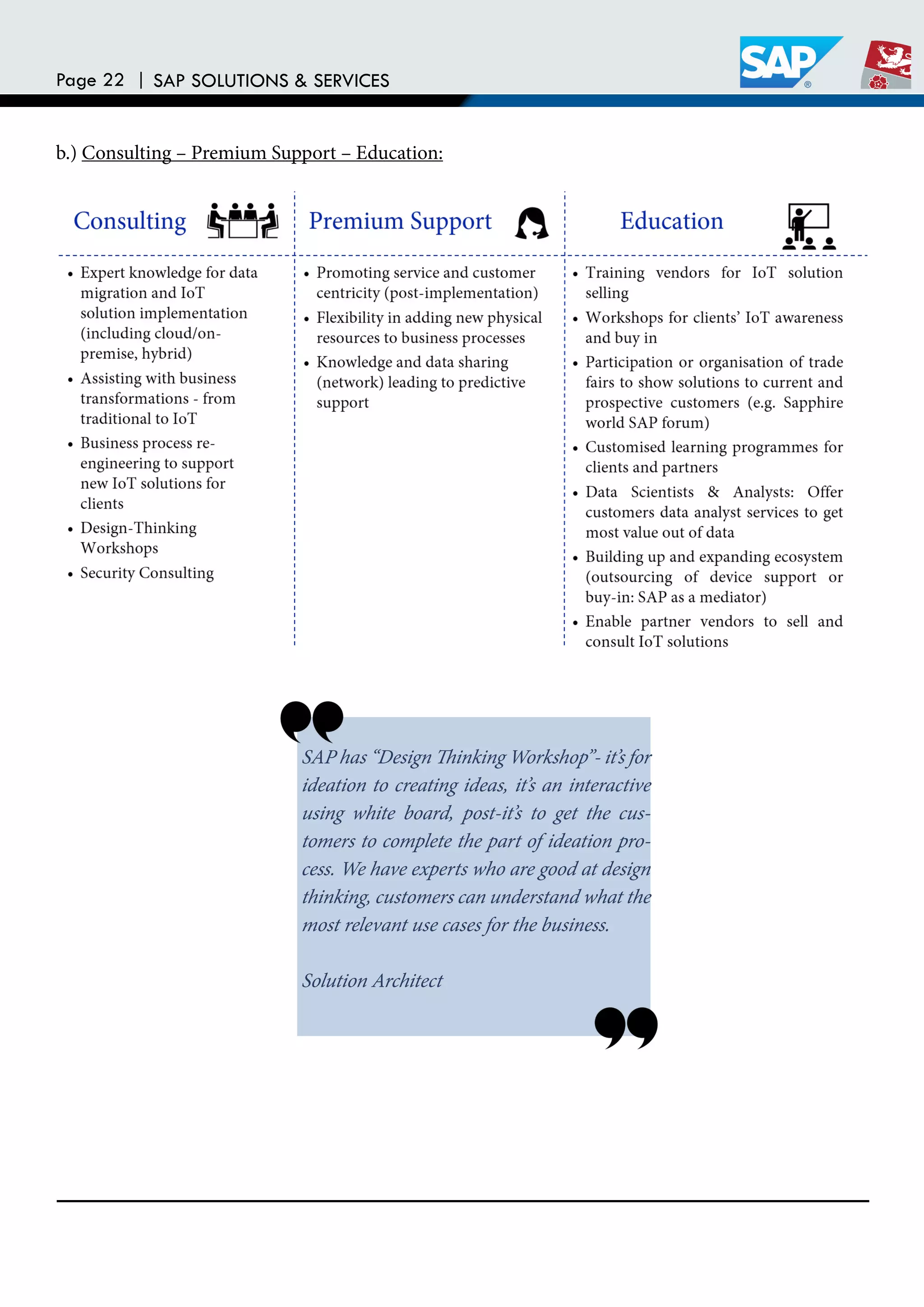 Page 22 | SAP SOLUTIONS & SERVICES
b.) Consulting – Premium Support – Education:
SAP has “Design hinking Workshop”- it’s for
ideation to creating ideas, it’s an interactive
using white board, post-it’s to get the cus-
tomers to complete the part of ideation pro-
cess. We have experts who are good at design
thinking, customers can understand what the
most relevant use cases for the business.
Solution Architect
 