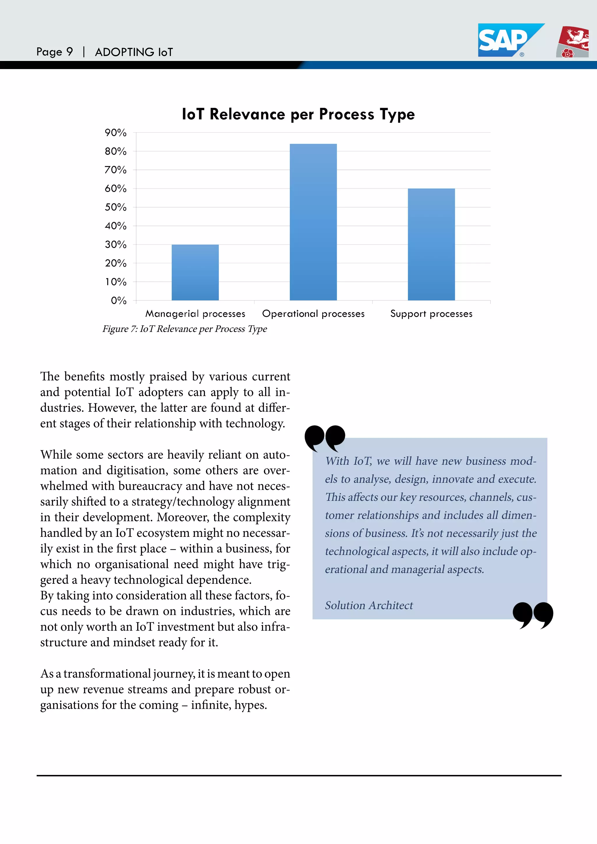 Page 9 | ADOPTING IoT
he beneits mostly praised by various current
and potential IoT adopters can apply to all in-
dustries. However, the latter are found at difer-
ent stages of their relationship with technology.
While some sectors are heavily reliant on auto-
mation and digitisation, some others are over-
whelmed with bureaucracy and have not neces-
sarily shited to a strategy/technology alignment
in their development. Moreover, the complexity
handled by an IoT ecosystem might no necessar-
ily exist in the irst place – within a business, for
which no organisational need might have trig-
gered a heavy technological dependence.
By taking into consideration all these factors, fo-
cus needs to be drawn on industries, which are
not only worth an IoT investment but also infra-
structure and mindset ready for it.
As a transformational journey, it is meant to open
up new revenue streams and prepare robust or-
ganisations for the coming – ininite, hypes.
Figure 7: IoT Relevance per Process Type
With IoT, we will have new business mod-
els to analyse, design, innovate and execute.
his afects our key resources, channels, cus-
tomer relationships and includes all dimen-
sions of business. It’s not necessarily just the
technological aspects, it will also include op-
erational and managerial aspects.
Solution Architect
 