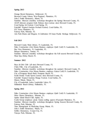Spring 2013
Orange Brook Elementary, Hollywood, FL
Broward County Library West Regional, Plantation, FL
John L Smith Elementary, Miami, FL
Sunshine Aftercare (monthly workshops throughout the Spring) Broward County, FL
ASAP aftercare program Early Release days (various sites) Broward County, FL
Coral Spring Art Festival, Coral Spring, FL
Fairchild Tropical Gardens Orchard Festival, Coral Gables, FL
JCC Sores, Plantation, FL
Fairway Park, Miramar, FL
Arts Park Drums and Dragons A Celebration Of Asian Pacific Heritage Hollywood, FL
Fall 2013
Broward County Main Library, Ft. Lauderdale, FL
Stiles Construction (Arts Means Business employee Quilt Craft) Ft. Lauderdale, FL
Bay View Elementary, Ft. Lauderdale, FL
Banyan Elementary, Sunrise, FL
Sunshine Aftercare (monthly workshops throughout the Fall season) Broward County, FL
Maui Spa, Delray Beach, FL
Summer 2012
Boys & Girls Club (all sites) Broward County, FL
Chick Fillet, City of Lauderdale, FL
Sunshine Aftercare (monthly workshops throughout the summer) Broward County, FL
Stiles Construction (Arts Means Business employee Kukui Craft) Ft. Lauderdale, FL
City of Pompano Beach Bash, Pompano Beach, FL
South Florida Youth Sports (various sites) Broward County, FL
Fairchild Tropical Gardens Mango Festival, Coral Gables, FL
History Miami, Miami, FL
City of Lauderdale Lakes, Lauderdale Lakes, FL
Hallandale Beach Library, Hallandale, FL
Spring 2012
Stiles Construction (Arts Means Business employee Quilt Craft) Ft. Lauderdale, Fl
Silver Shores Elementary, Miramar, FL
Jupiter Island Beach Club, Jupiter, FL
Castle Group (employee picnic Kukui crafting approx 60 people) Plantation, FL
Sunshine Aftercare (monthly workshops throughout Spring Season) Broward County, FL
Fairway Park, Miramar, FL
Time Management & Marketing Group, Miami, FL
John L Smith Elementary, Miami, Fl
Griffen Elementary, Cooper City, FL
Vizcaya Park, Miramar, FL
 