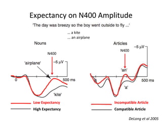 Expectancy on N400 Amplitude
DeLong et al 2005
… a kite
... an airplane
N400
High Expectancy
Low Expectancy
N400
Compatible Article
Incompatible Article
 