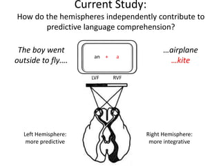 Right Hemisphere:
more integrative
Left Hemisphere:
more predictive
+ aan +
Current Study:
LVF RVF
The boy went
outside to fly….
How do the hemispheres independently contribute to
predictive language comprehension?
…airplane
…kite
 
