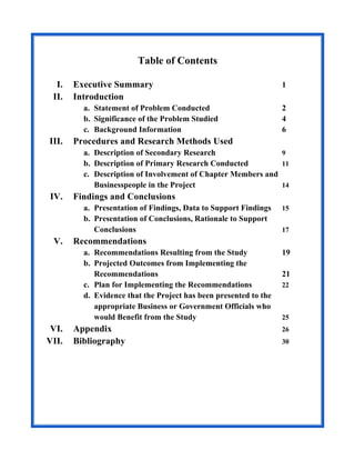Table of Contents
I. Executive Summary 1
II. Introduction
a. Statement of Problem Conducted 2
b. Significance of the Problem Studied 4
c. Background Information 6
III. Procedures and Research Methods Used
a. Description of Secondary Research 9
b. Description of Primary Research Conducted 11
c. Description of Involvement of Chapter Members and
Businesspeople in the Project 14
IV. Findings and Conclusions
a. Presentation of Findings, Data to Support Findings 15
b. Presentation of Conclusions, Rationale to Support
Conclusions 17
V. Recommendations
a. Recommendations Resulting from the Study 19
b. Projected Outcomes from Implementing the
Recommendations 21
c. Plan for Implementing the Recommendations 22
d. Evidence that the Project has been presented to the
appropriate Business or Government Officials who
would Benefit from the Study 25
VI. Appendix 26
VII. Bibliography 30
 