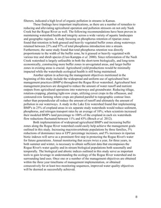   8	
  
filterers, indicated a high level of organic pollution in streams in Kansas.
These findings have important implications, as there are a number of remedies to
reducing and alleviating agricultural operation and pollution stressors on not only Nash
Creek but the Rogue River as well. The following recommendations have been proven in
maintaining watershed health and integrity across a wide variety of aquatic landscapes
and geographic regions. A study focusing on phosphorus retention of riparian zones
found that retention in both grassed and heavily vegetated buffer zones along waterways
retained between 23% and 97% of total phosphorus introduction into a stream.
Furthermore, the same study found that total phosphorus retention was directly
proportionate to the width of the buffer zone, be it grassed or heavily vegetated with
various tree and shrub species (Uusi-Kamppa et al. 2000). Since reforestation of the Nash
Creek watershed is largely unfeasible in both the short-term biologically, and long-term
economically, constructing more buffer zones in unvegetated areas, and larger buffer
zones in existing areas is crucial. Agricultural yield productions would be minimally
impacted while the watersheds ecological health is still being maintained.
Another option in achieving the management objectives mentioned in the
beginning of this study include the widespread and uniform use of agricultural best
management practices (BMP's) throughout the Rogue River watershed. Agricultural best
management practices are designed to reduce the amount of water runoff and nutrient
outputs from agricultural operations into waterways and groundwater. Reducing tillage,
rotation-cropping, planting tight-row crops, utilizing cover crops in the offseason, and
contoured-row farming where crops are planted parallel to topographic contour lines
rather than perpendicular all reduce the amount of runoff and ultimately the amount of
pollution in our waterways. A study in the Lake Erie watershed found that implementing
BMP's in 25% of cropland areas in six separate study watersheds would reduce sediment,
phosphorus, and nitrogen transport rates by an average of 10%; when scientists increased
their modeled BMP's land percentage to 100% of the cropland in each six watersheds
flow reductions fluctuated between 11% and 43% (Bosch et al. 2012).
Both implementation of widespread agricultural BMP's and increasing buffer
zones along the Rogue River watershed could easily help achieve the management goals
outlined in this study. Increasing macroinvertebrate populations by three families, 5%
reductions of dominance taxa or EPT percentage increases, and 5% increases in riparian
biotic indexes will serve as a prominent first step in protecting the Rogue River's water
for future generations. Annual monitoring that occurs twice a year, for three years, in
both summer and winter, is necessary to obtain sufficient data that encompasses the
Rogue River's water quality and in-stream biological populations both seasonally and
temporally. The biological and abiotic indices outlined in this study serve as important
tools to gain leverage in understanding the ecology of the Rogue River watershed and its
surrounding land uses. Once one or a number of the management objectives are obtained
within the three year timeframe of management implementation, or obtained
consecutively for at least two monitoring sequences, improved water quality objectives
will be deemed as successfully achieved.
 