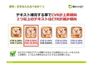 Conﬁdential 10
CTR 0.36%
CVR 10.29%
CTR 0.30%
CVR 8.84%
CTR 0.33%
CVR 5.94%
CTR 0.30%
CVR 5.94%
CTR 0.38%
CVR 7.62%
事例：⽂文字は⼊入れるべきか？②
テキスト補完する事でCVRが上昇傾向
２つ以上のテキストはCTRが減少傾向
みただけで何のアプリリ理解できるような簡潔なメッセージを⼊入れる
と効果的。２つ以上の事を伝えようとすると逆効果になる。
 
